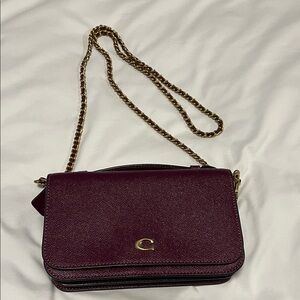 Mila Crossbody Coach Bag with Gold Chain. Brass/Merlot color